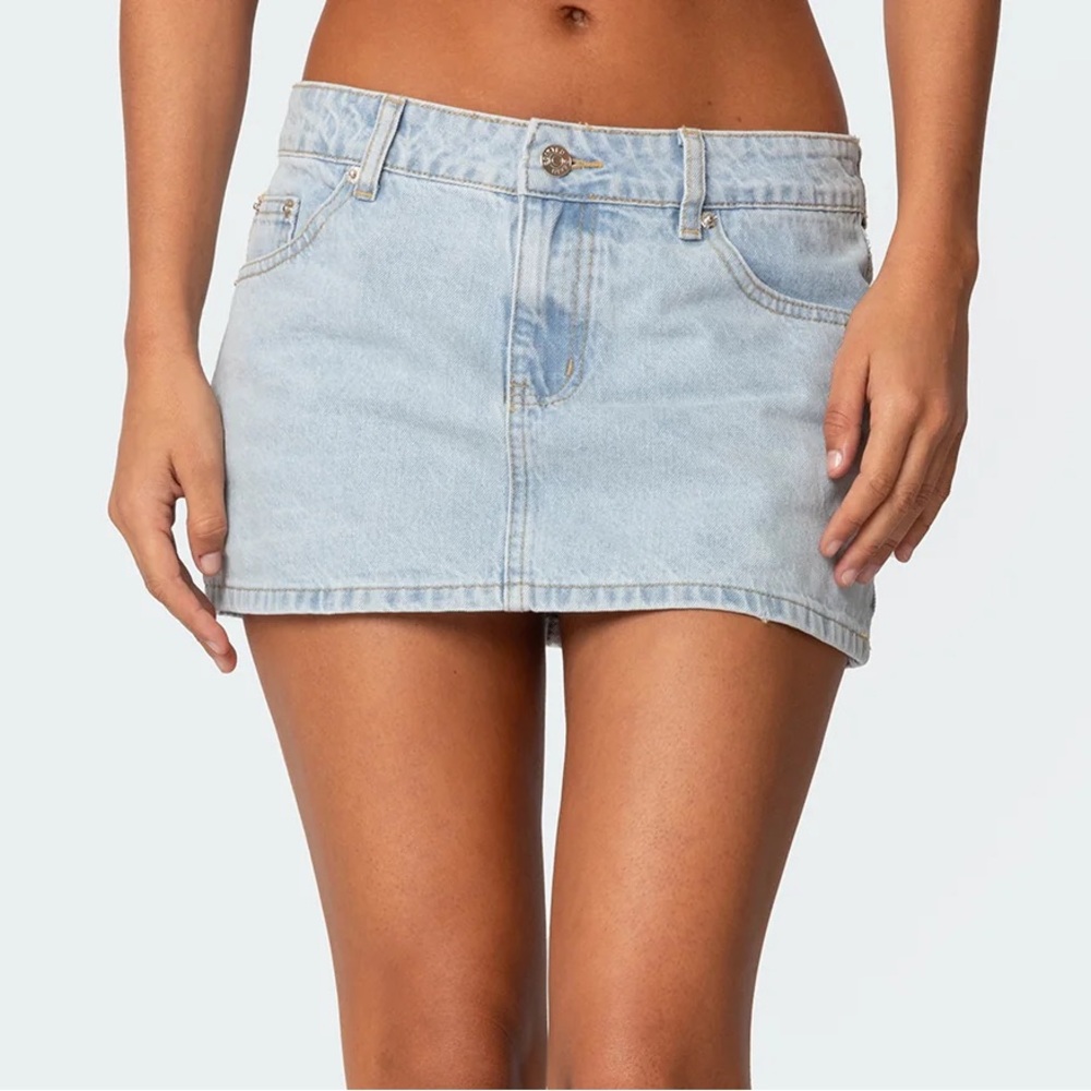 Edikted Chiara Denim Micro Skirt Light Blue Size M - Picture 2 of 6